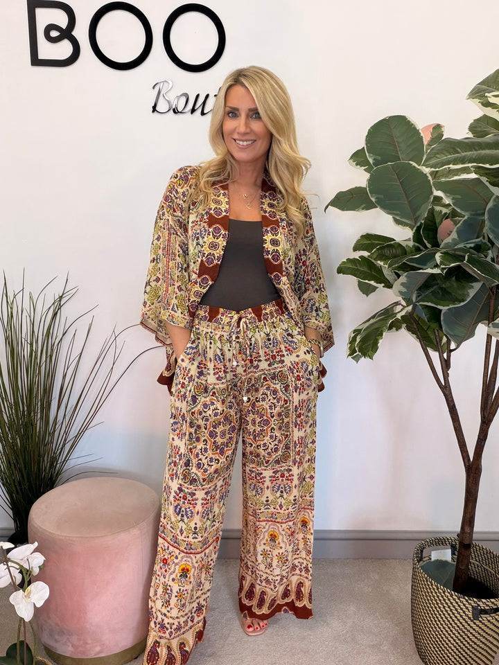 Ladies Moroccan Print Wide Leg Trouser Kimono Jacket Co Ord Set