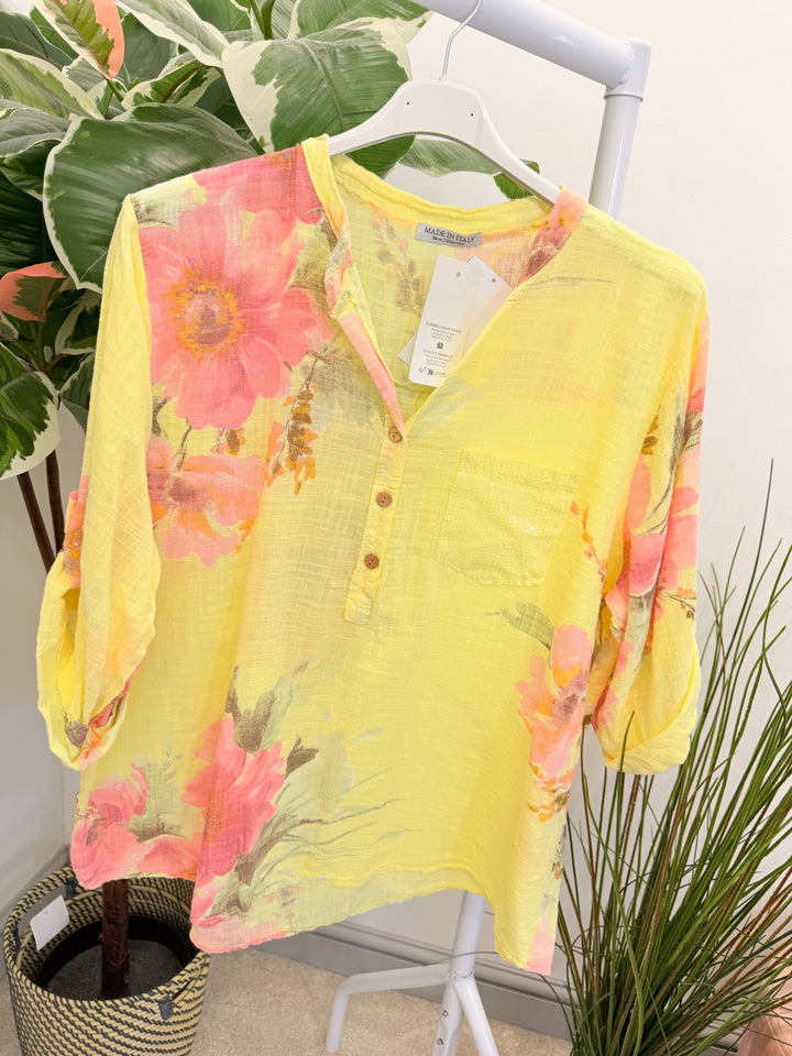 Ladies Floral Print Light Linen Grandad Shirt Top - White, Navy & Lemon