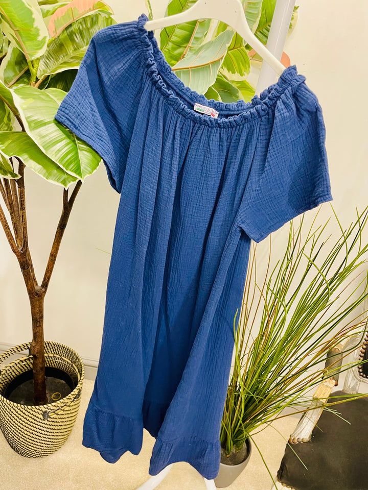 LADIES CHEESECLOTH SUMMER BARDOT MIDI DRESS - NAVY, WHITE, KHAKI, PINK, BLUE