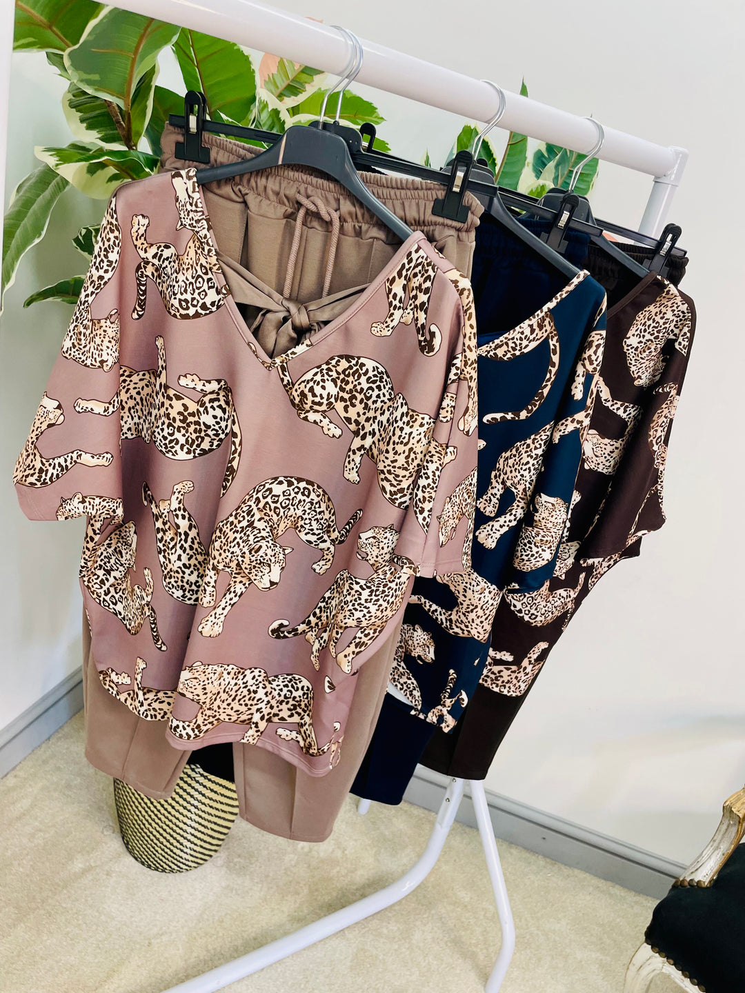 LADIES LEOPARD PRINT TAPERED TROUSERS CO ORD SET - NAVY, TAUPE & BROWN