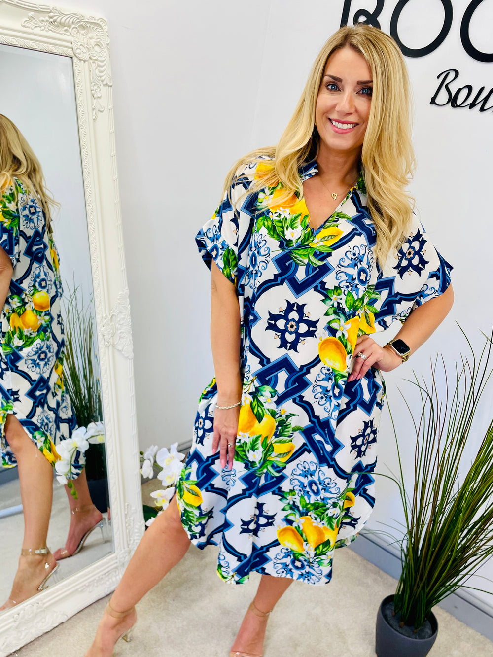 LADIES LEMON PRINT SUMMER SHIFT DRESS - ROYAL BLUE, NAVY, PINK
