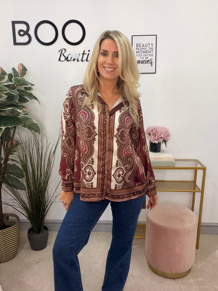 Womens Burgundy Paisley Print Satin Shirt Blouse Top