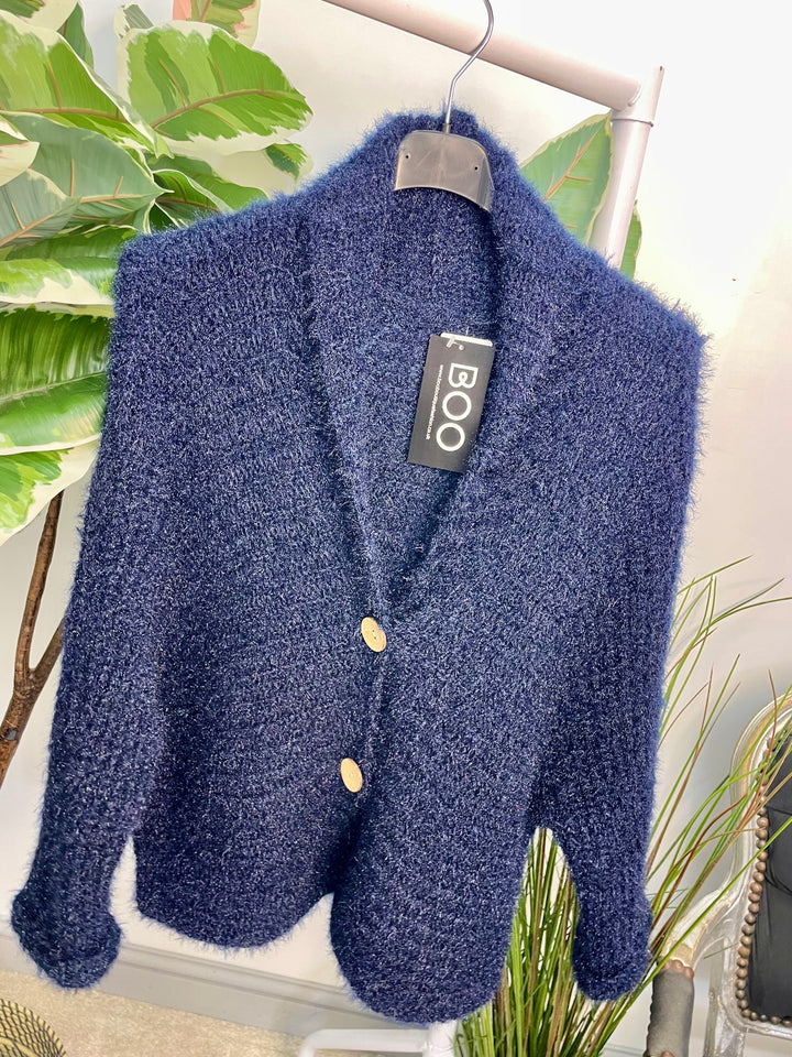 LADIES FLUFFY KNIT CARDIGAN - KHAKI, NAVY, GREY, BLACK, BEIGE, BROWN