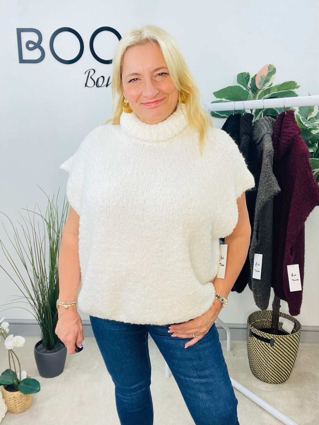 LADIES POPCORN KNIT ROLL NECK JUMPER - WHITE, BLACK, BROWN, BEIGE & BURGUNDY