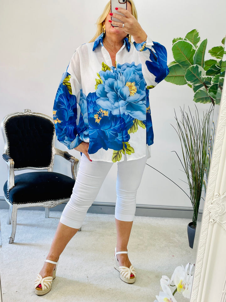 LADIES WOMENS BLUE FLOWER OVERSIZE LINEN SUMMER TOP
