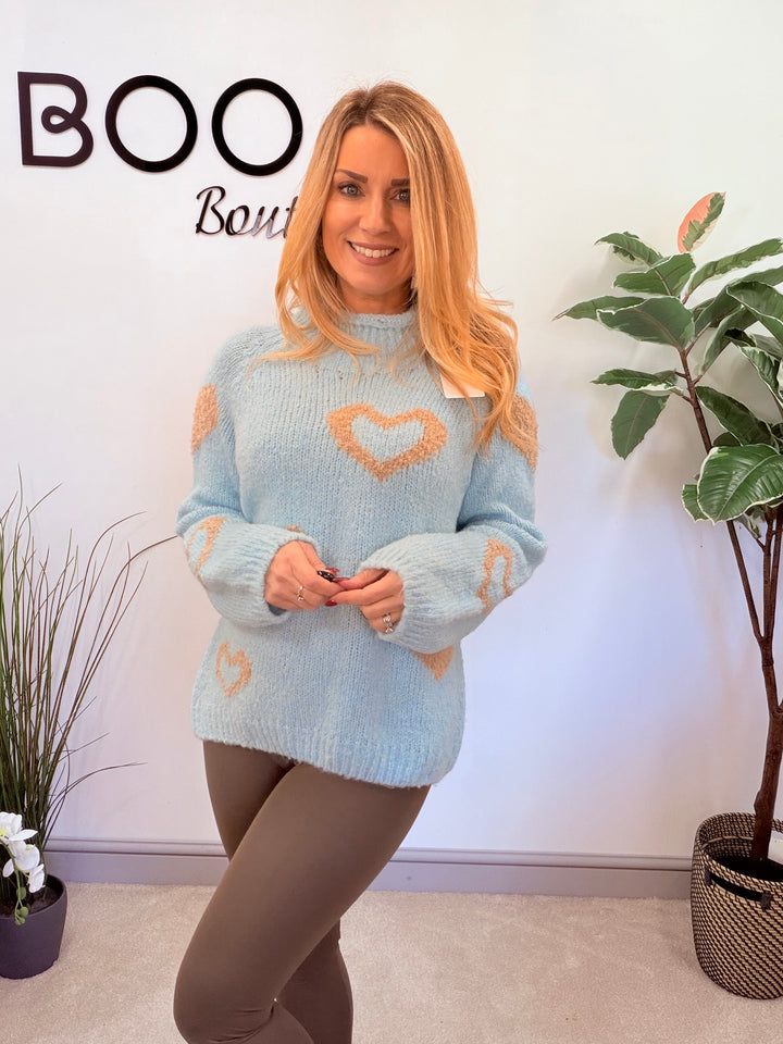 LADIES FASHION CHUNKY KNIT HEART JUMPER - PINK, BLUE, BEIGE & GREY