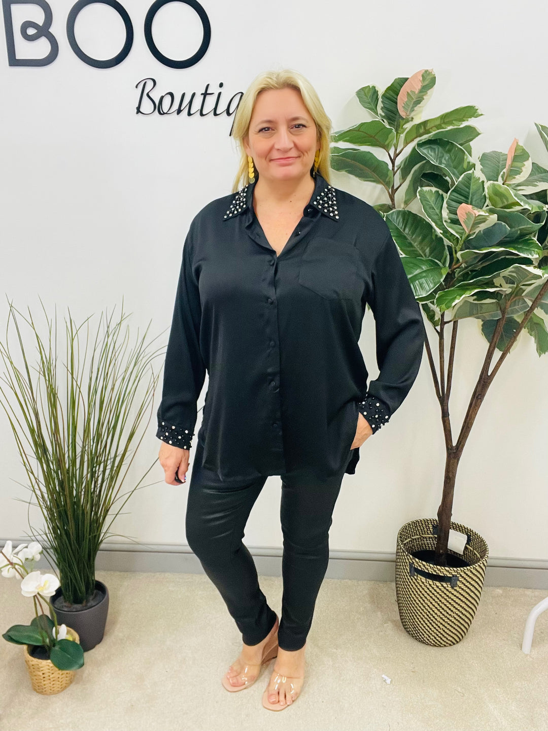 LADIES SILKY PEARL DIAMANTE SHIRT BLOUSE - CREAM & BLACK