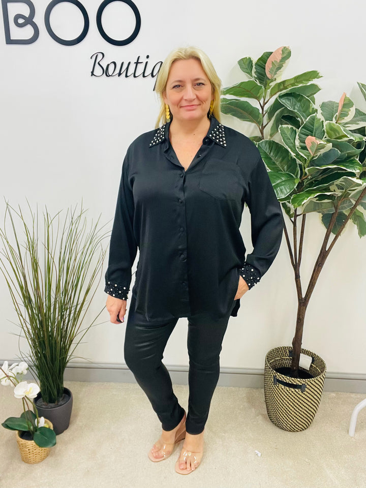 LADIES SILKY PEARL DIAMANTE SHIRT BLOUSE - CREAM & BLACK