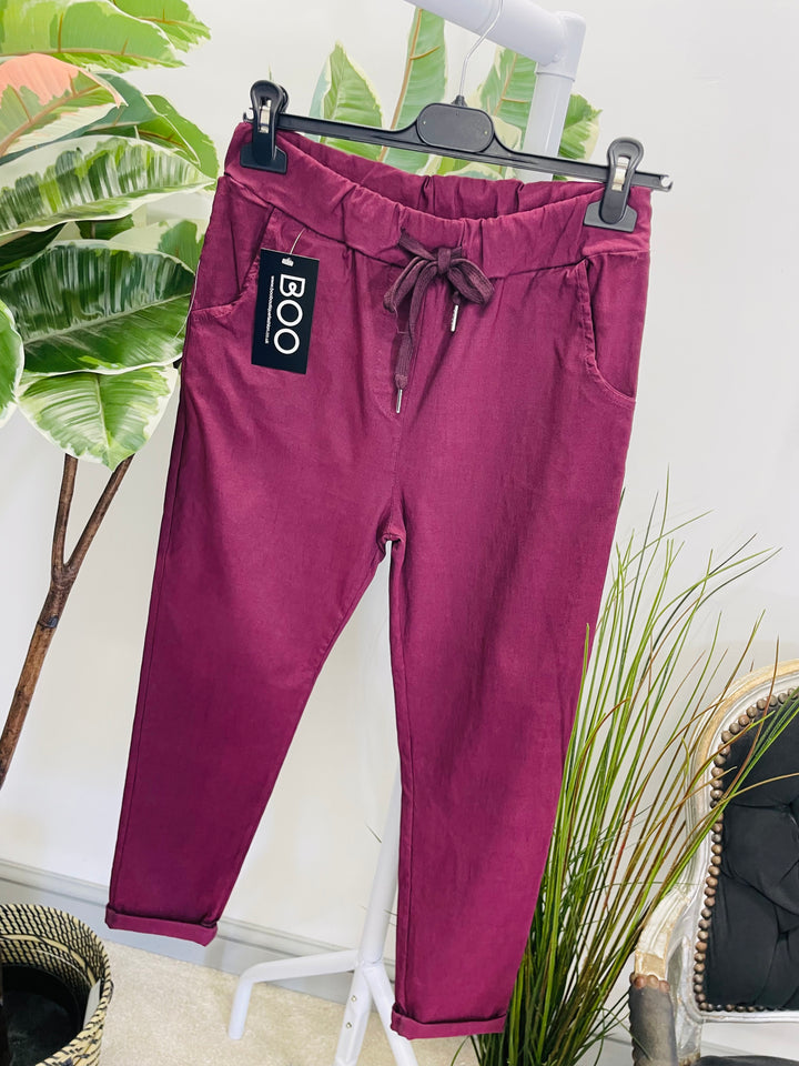 LADIES WOMENS SMART STRETCH MAGIC TROUSERS PLUM MAGENTA