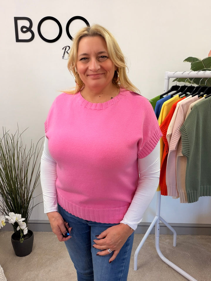 LADIES KNITTED TANK TOP JUMPER - ORANGE, PINK, YELLOW, CREAM, GREEN, KHAKI, BEIGE