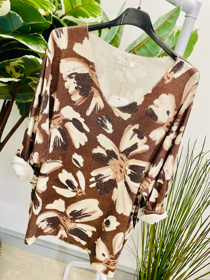 LADIES FINE KNIT FLOWER PRINT TOP - NAVY BLUE & BROWN