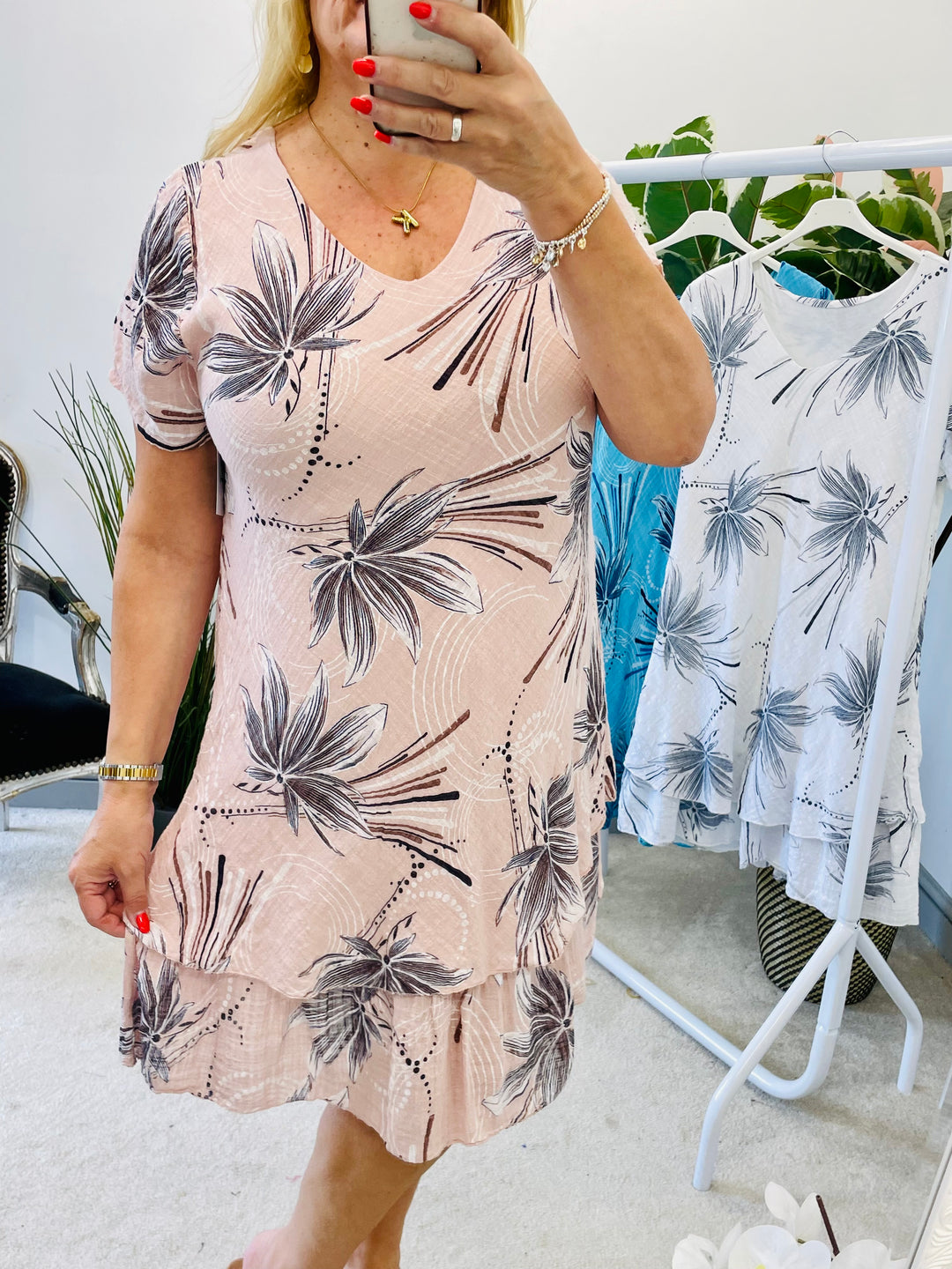 LADIES STRETCH COTTON SUMMER MIDI DAY DRESS - WHITE,  PINK, TURQOUISE
