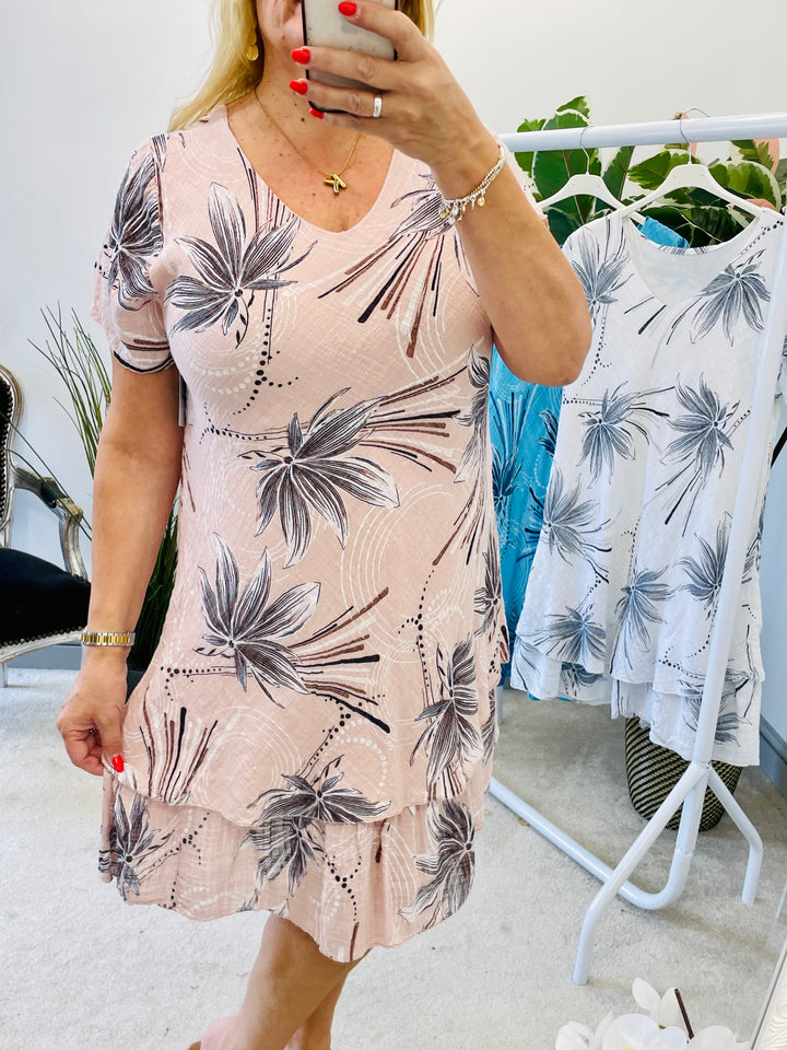 LADIES STRETCH COTTON SUMMER MIDI DAY DRESS - WHITE,  PINK, TURQOUISE