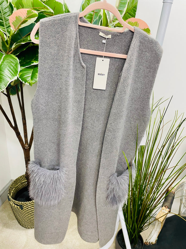 LADIES KNITTED LONGLINE SLEEVELESS CARDIGAN GILET - CAMEL, GREY & BLACK