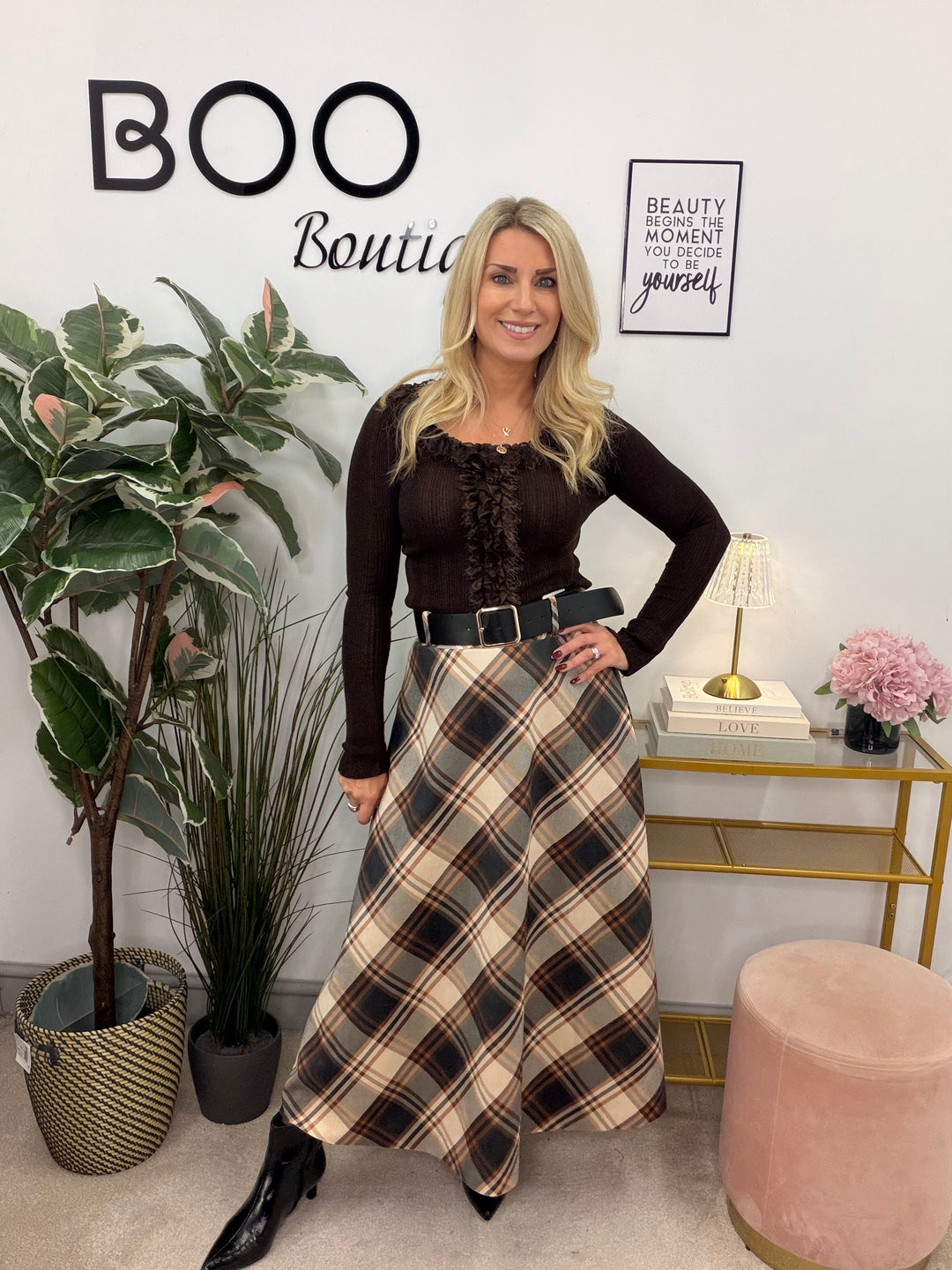 Ladies Fashion Inspired Check A Line Maxi Skirt - Black, Khaki & Camel