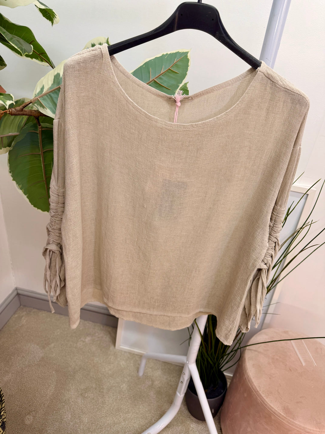 Ladies Fashion Ruche Sleeve Teabag Linen Top light beige