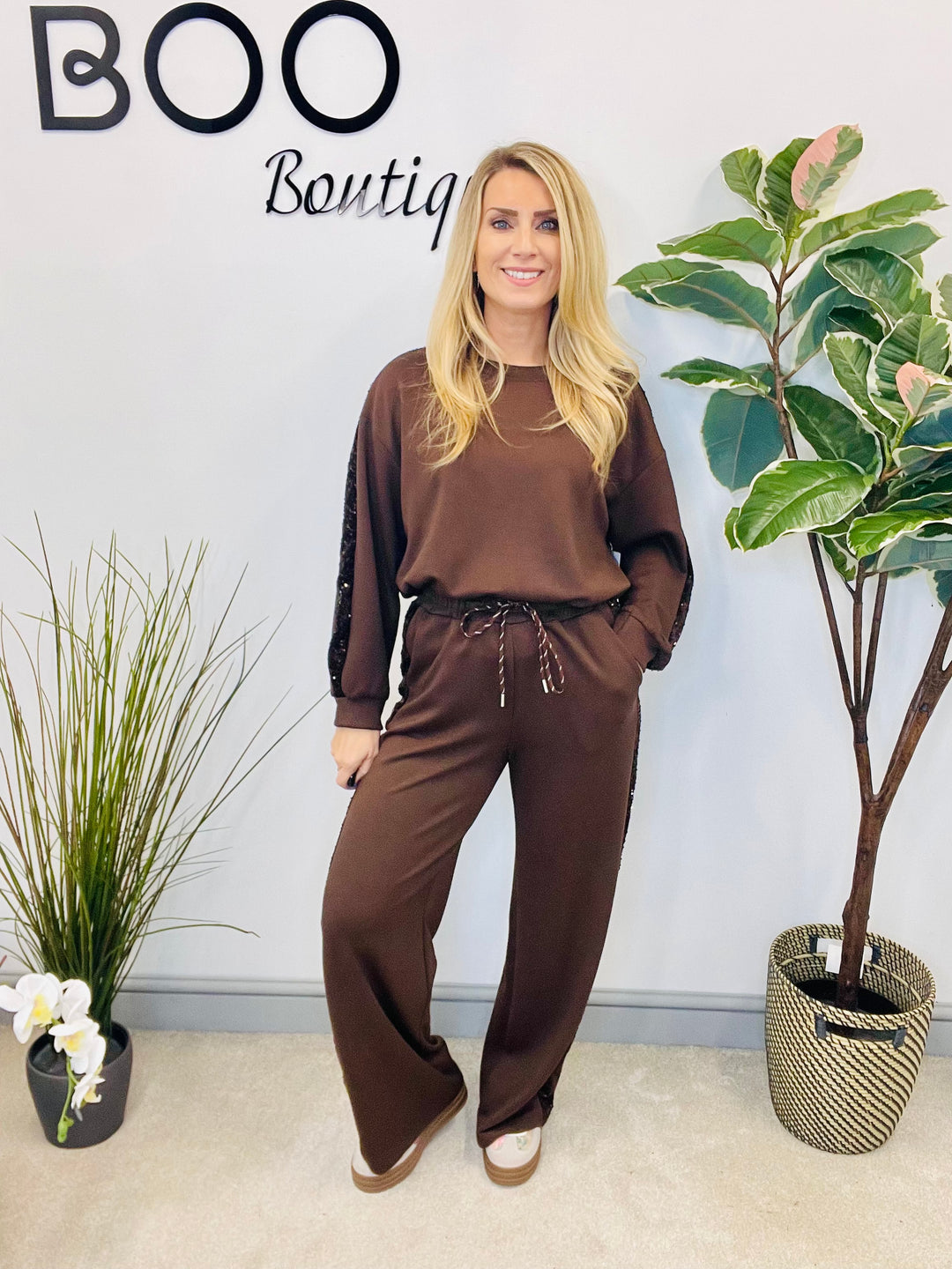 LADIES SEQUIN SCUBA WIDE LEG TROUSER CO ORD SET - BROWN, BLACK, NAVY