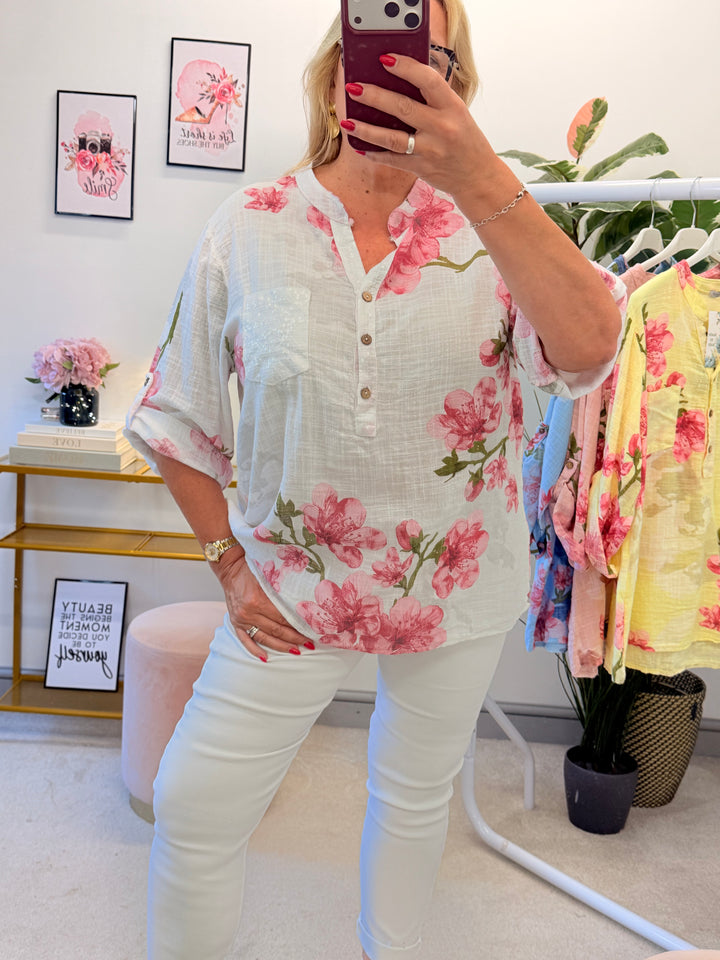 Ladies Light Linen Flower Print Grandad Top Shirt - White, Lemon, Blue & Pink