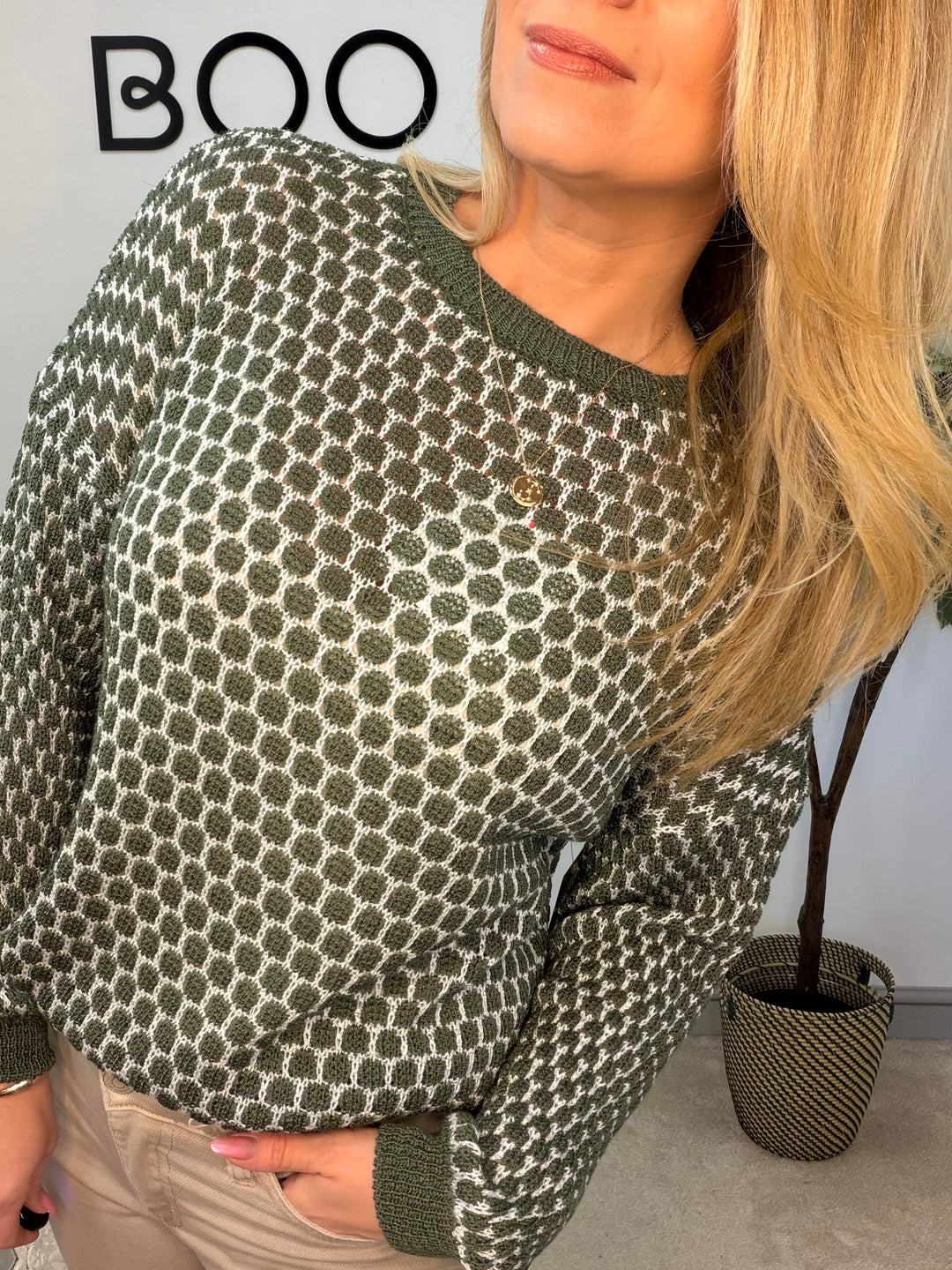 Ladies Fashion Jumper - navy, beige & khaki