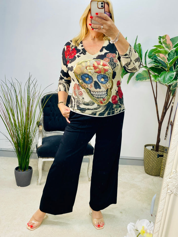 LADIES SKULL PRINT GOLD LUREX LONG SLEEVE TOP