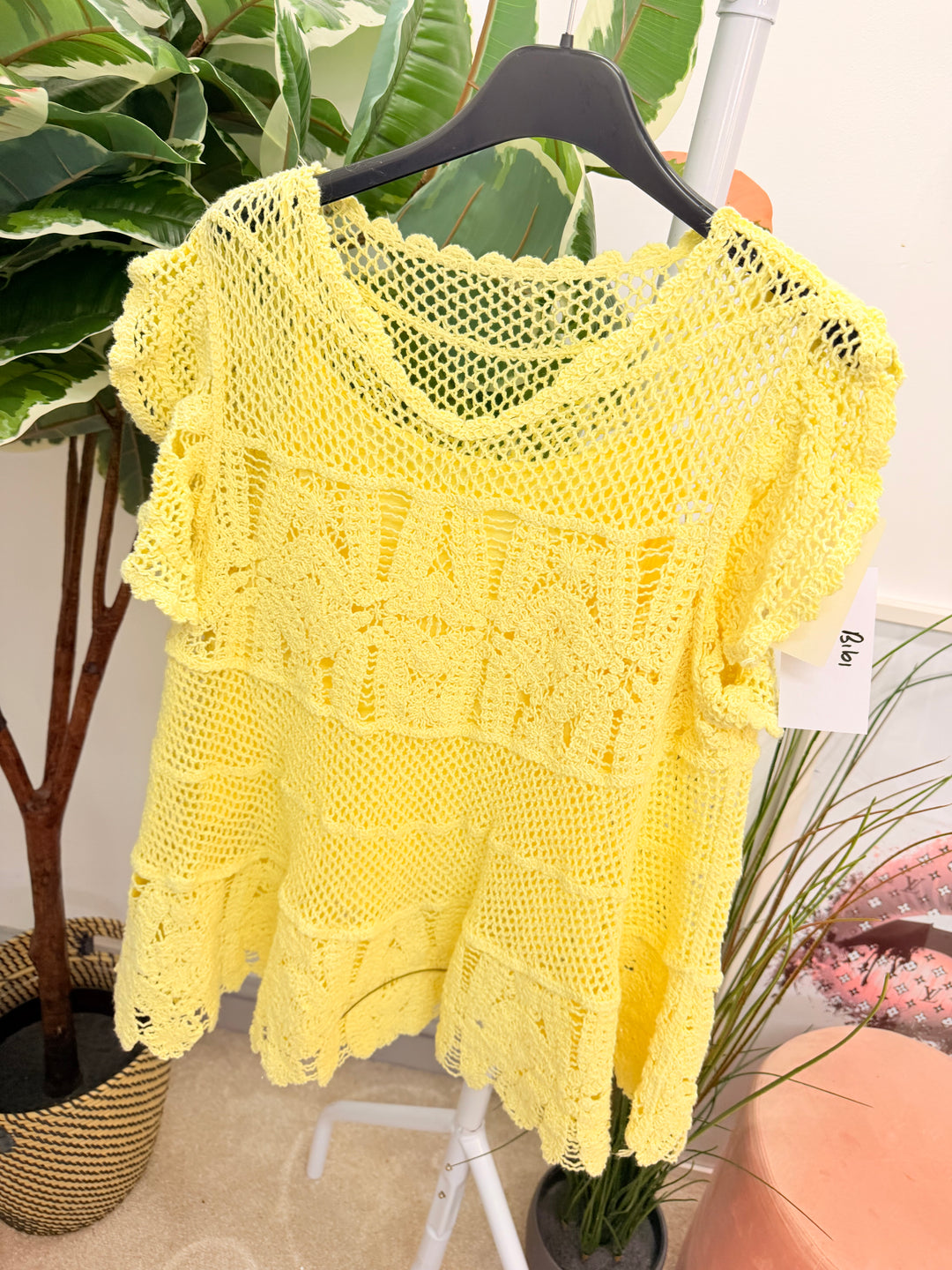 Ladies Pretty Crochet Top - lemon, white, blue, brown & coral 