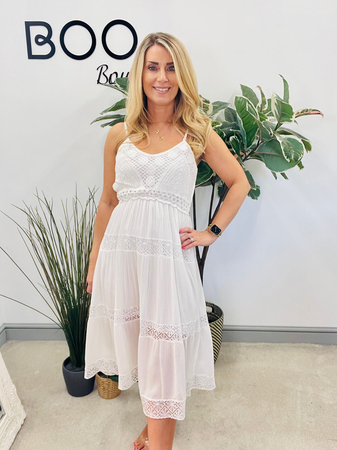 LADIES WOMENS CREAM WHITE BOHO SUMMER CROCHET DRESS