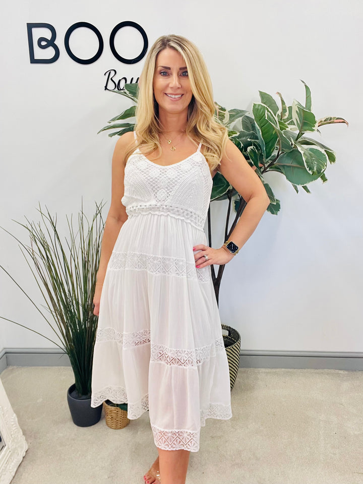 LADIES WOMENS CREAM WHITE BOHO SUMMER CROCHET DRESS