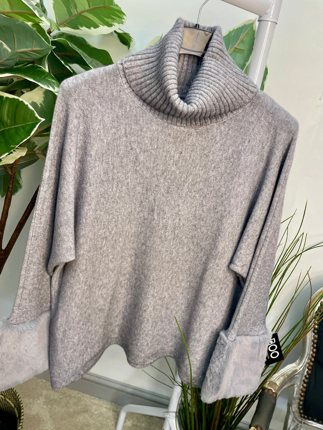 LADIES KNITTED FAUX FUR CUFF JUMPER - BURGUNDY, GREY, BLACK, BROWN, BEIGE, CAMEL
