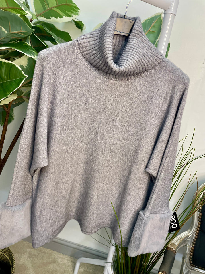 LADIES KNITTED FAUX FUR CUFF JUMPER - BURGUNDY, GREY, BLACK, BROWN, BEIGE, CAMEL
