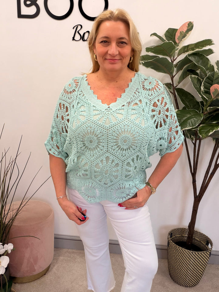 Ladies Fashion Crochet Open Knit Top mint