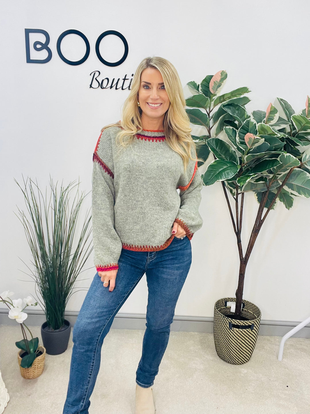 LADIES WINTER CONTRAST STITCH KNIT JUMPER - CREAM, KHAKI & BLUE