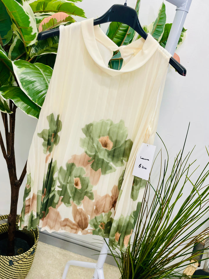 LADIES PLEATED FLOWER PRINT CHIFFON TOP - BLACK, KHAKI, LEMON, PINK & NAVY