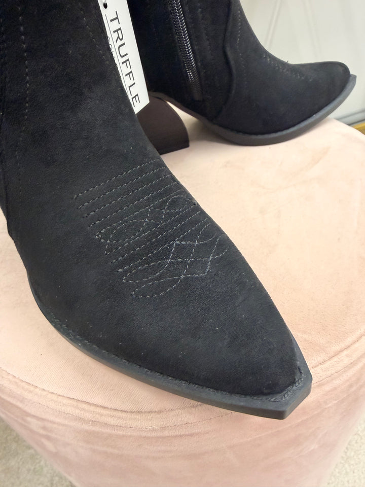 Ladies Fashion Black Faux Suede Mid Heel Smart Calf Boots