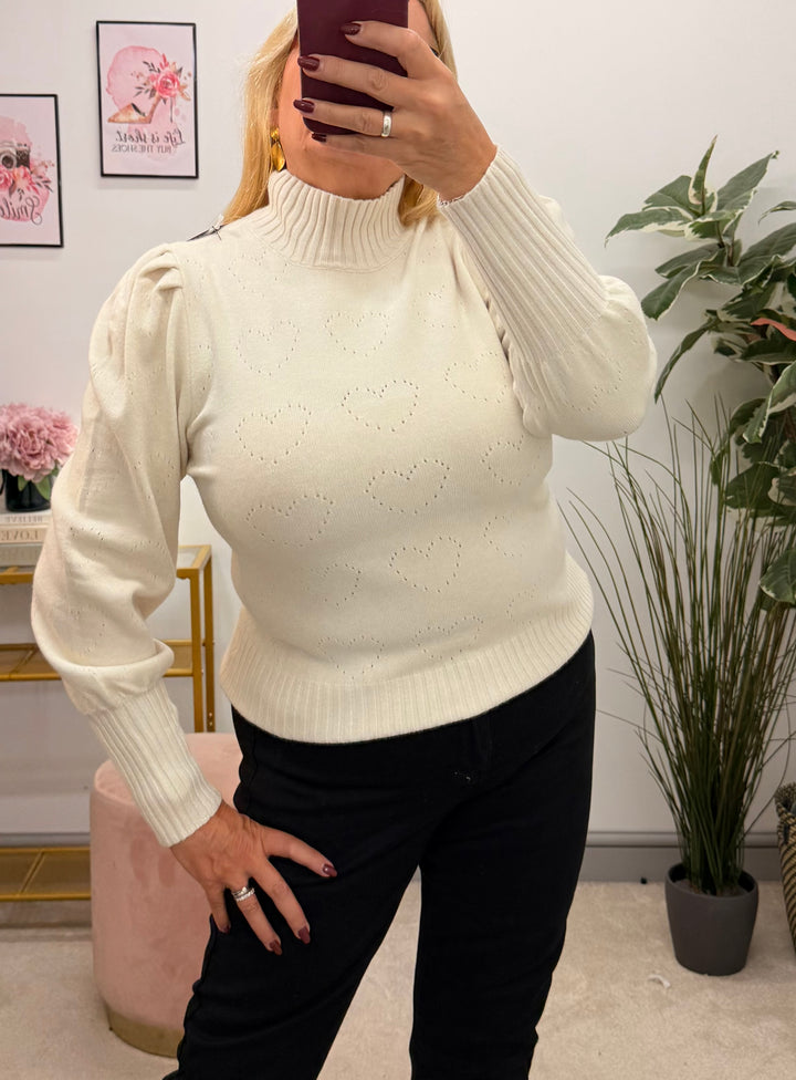 Womens soft knit puff sleeve high neck jumper - cream, black & brown