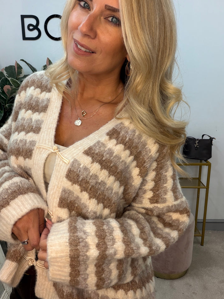 Ladies Fashion Knitted Stripe Cardigan - Beige & Mocha