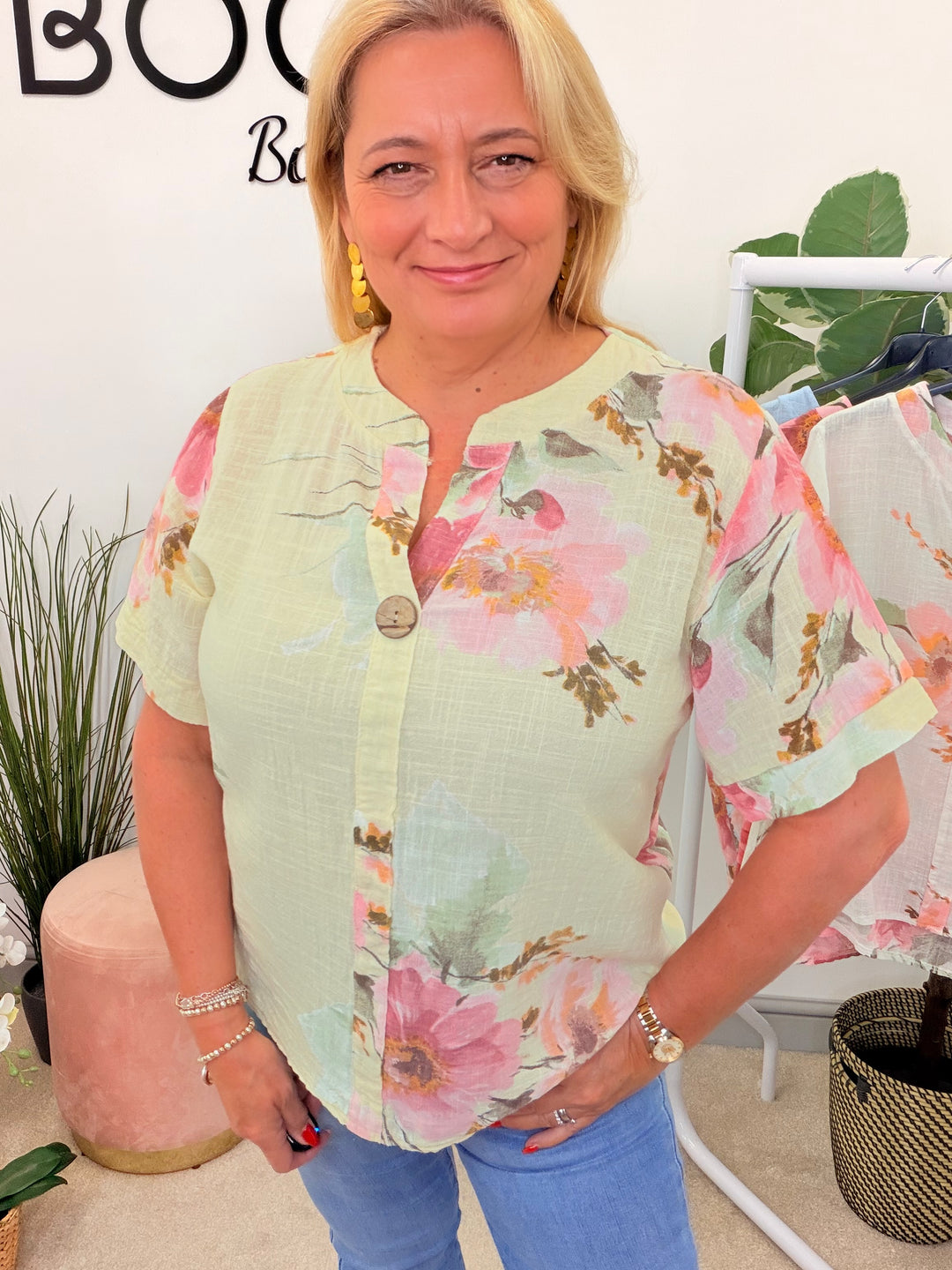 Ladies Fashion Light Linen Flower Print Grandad Shirt Top - Pink, Blue, White & Lemon