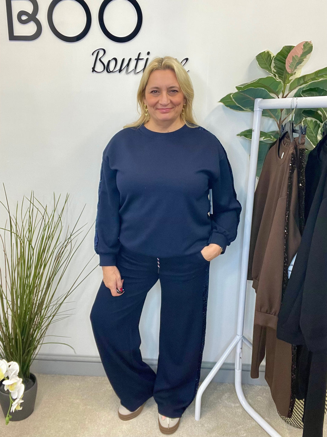 LADIES SEQUIN SCUBA WIDE LEG TROUSER CO ORD SET - BROWN, BLACK, NAVY