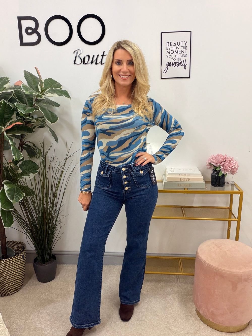 Womens fashion wide leg blue denim high waist jeans