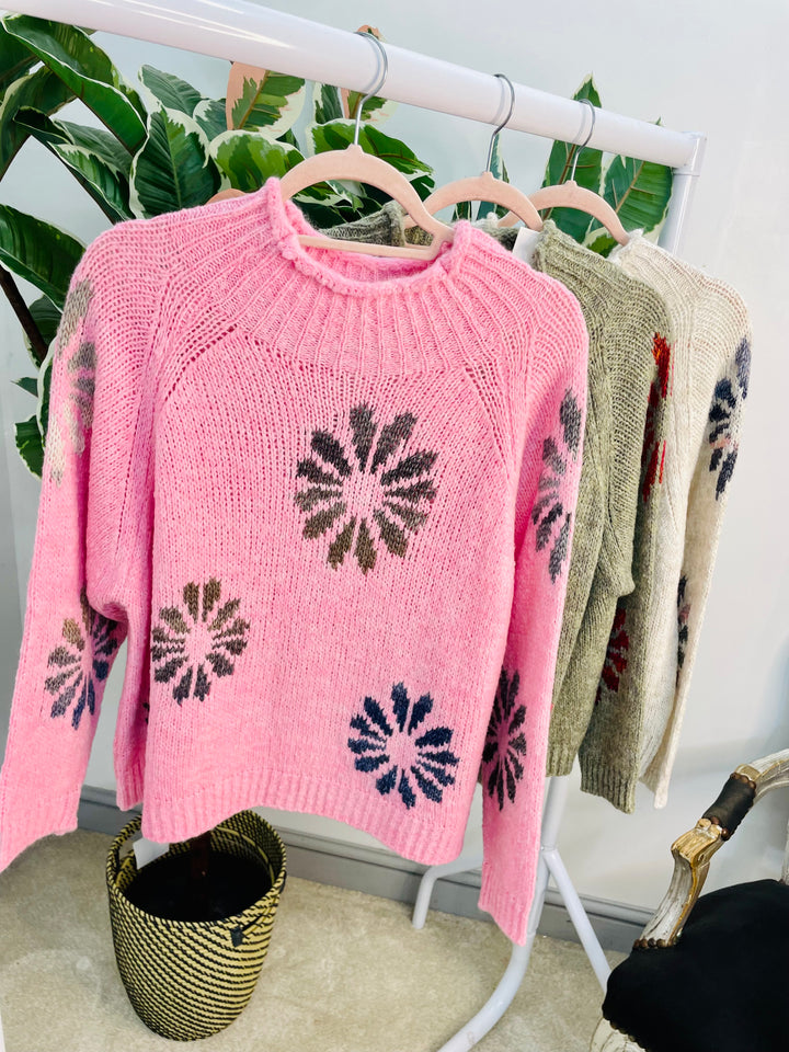 LADIES CONTRAST KNIT JUMPER - PINK, KHAKI & BEIGE