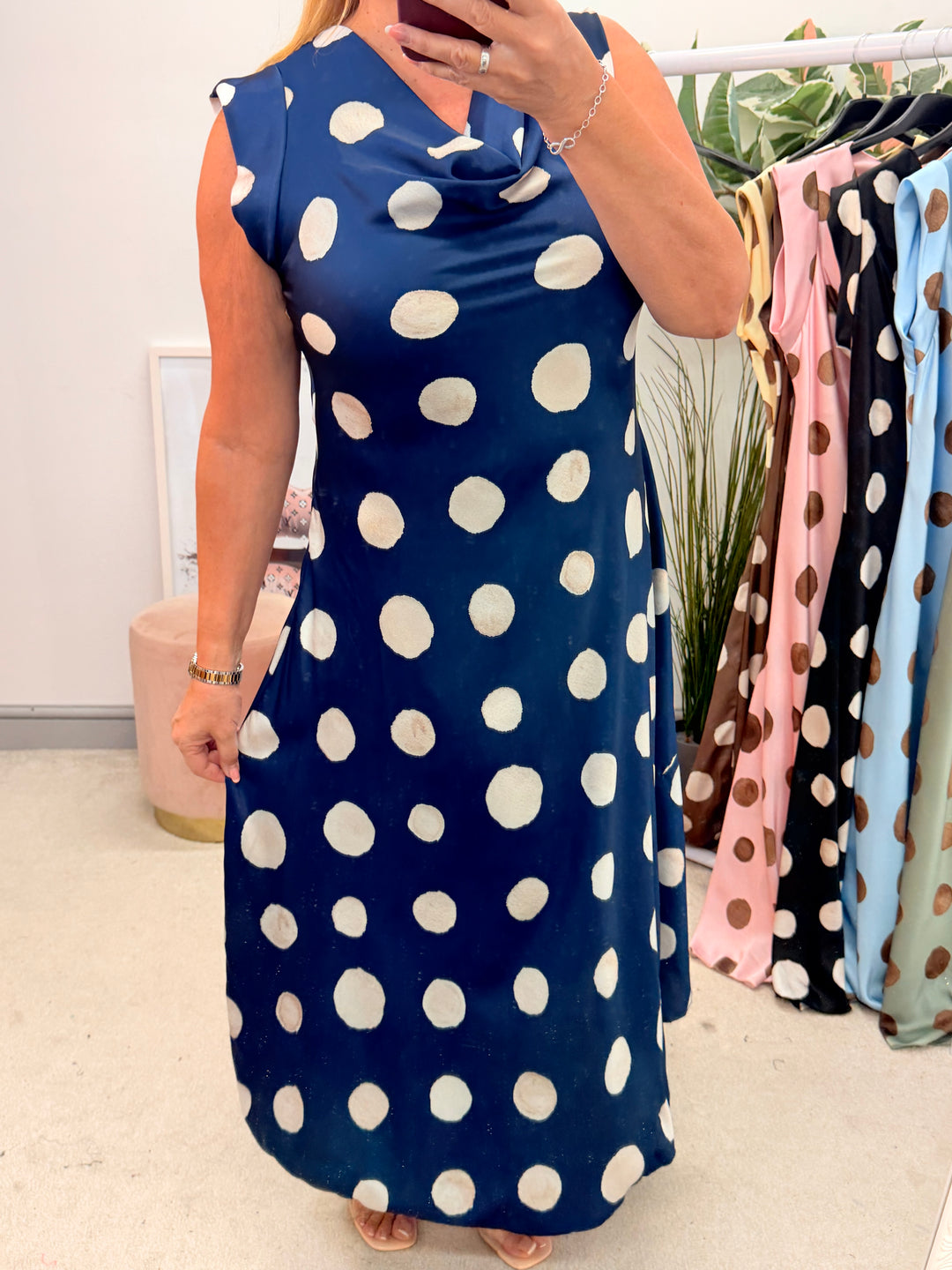 Ladies Satin Polka Dot Sheath Dress - Lemon, Black, Pink, Khaki, Navy, Black & Blue