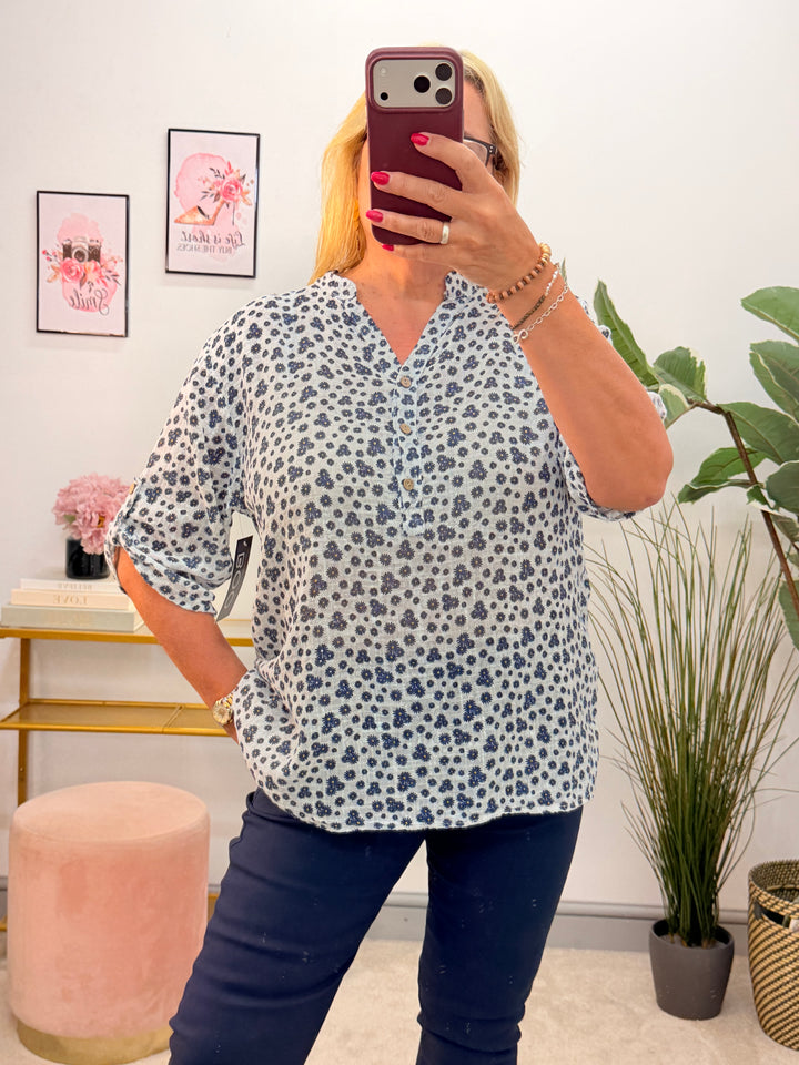 Ladies Fashion White & Navy Daisy Print Linen Grandad Shirt Top