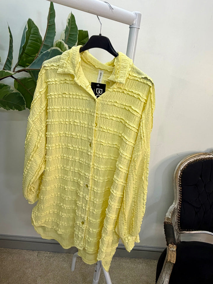 LADIES FRILL SHIRT BLOUSE - WHITE, BEIGE, PINK, LEMON, BLUE & BLACK