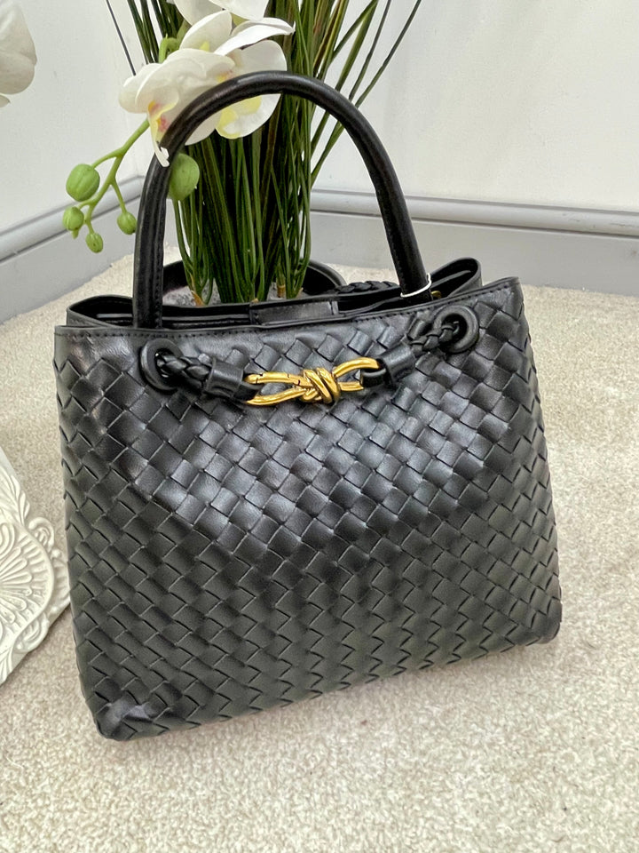 LADIES DESIGNER INSPIRED WOVEN HAND BAG - BLACK, GREEN, CAMEL & WINE