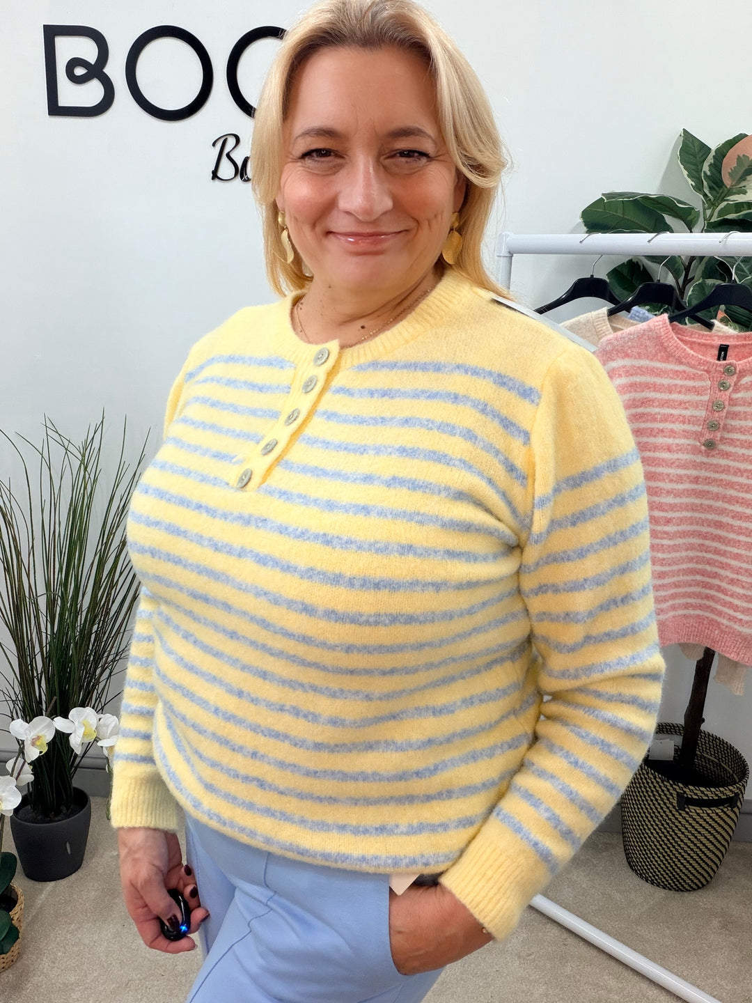 LADIES SOFT KNIT STRIPE GRANDAD JUMPER - LEMON, PINK, BLUE & BEIGE