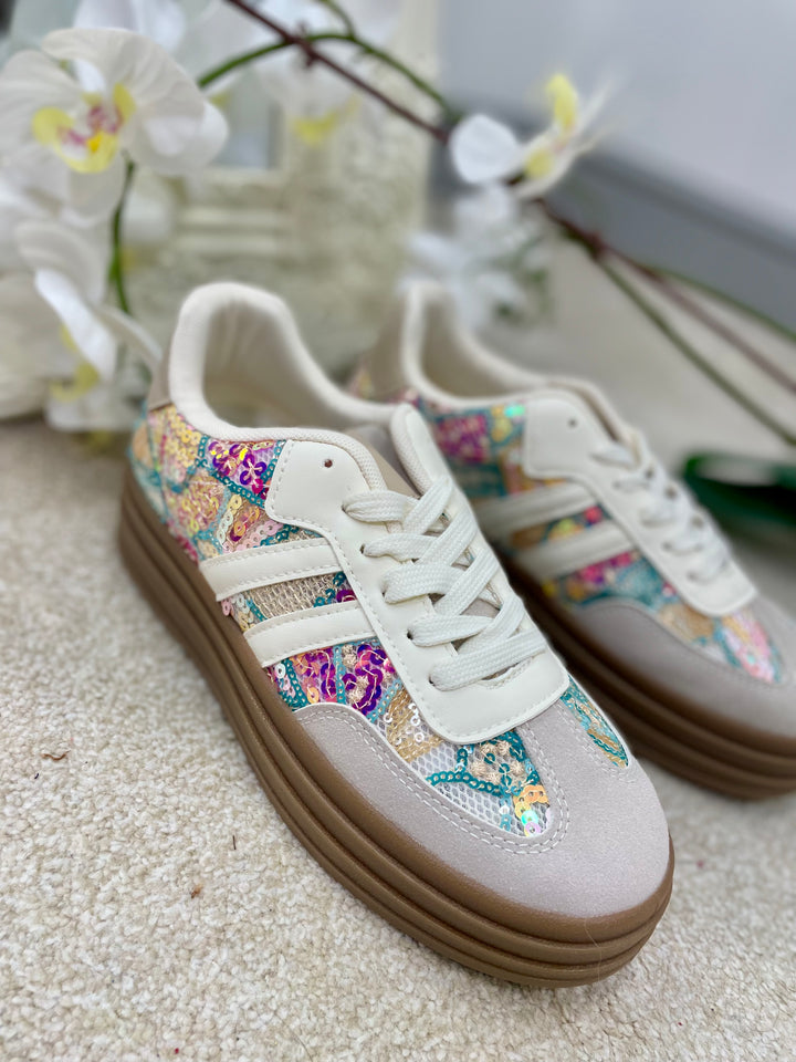 COLOURED SEQUIN FLATFORM TRAINERS ( LT33 )