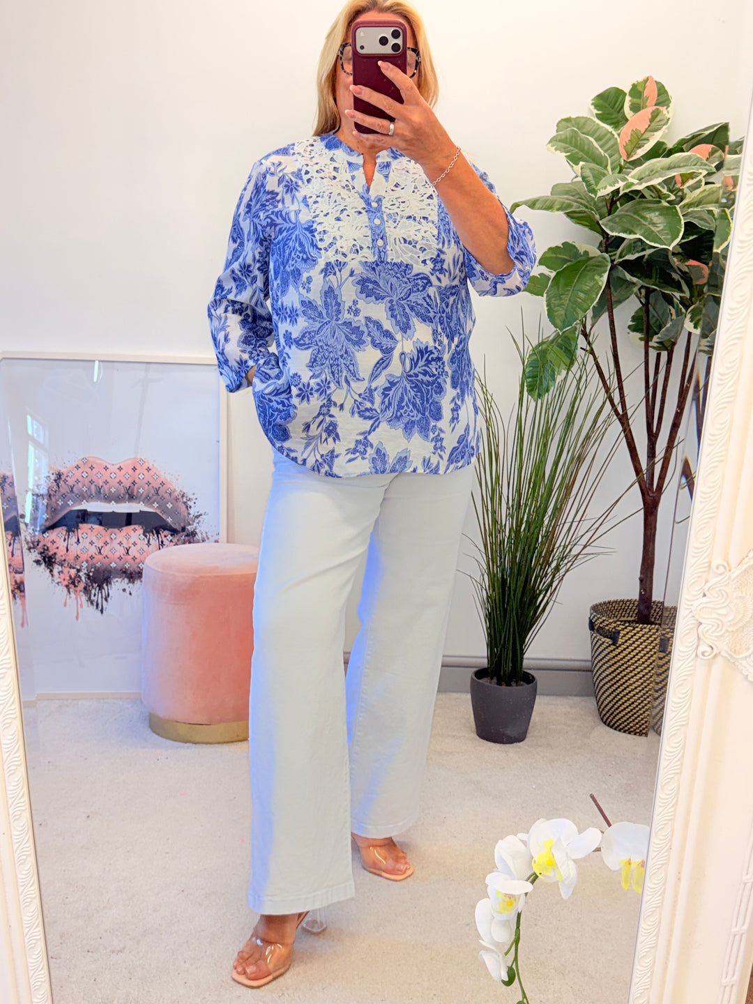 Ladies Fashion Blue & White Crochet Detail Summer Top