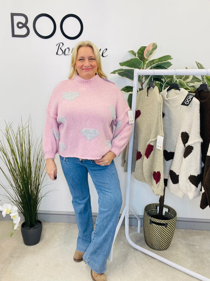 LADIES CHUNKY KNIT HEART JUMPER - MOCHA, BEIGE, BROWN & PINK