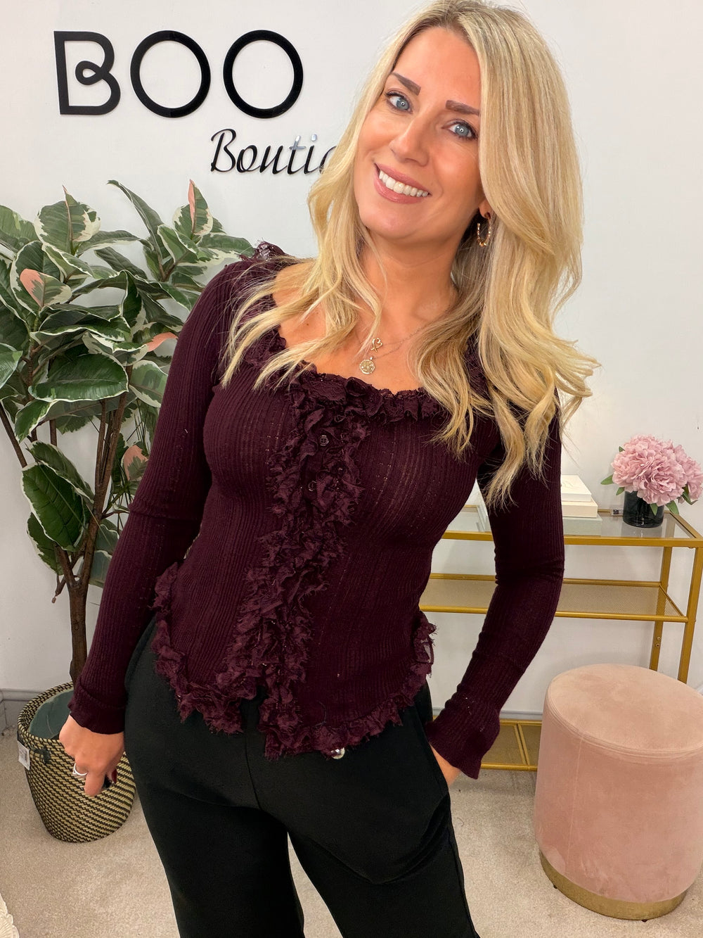 Ladies Fashion Fitted Frill Cardigan Top - Black, White, Brown & Wine
