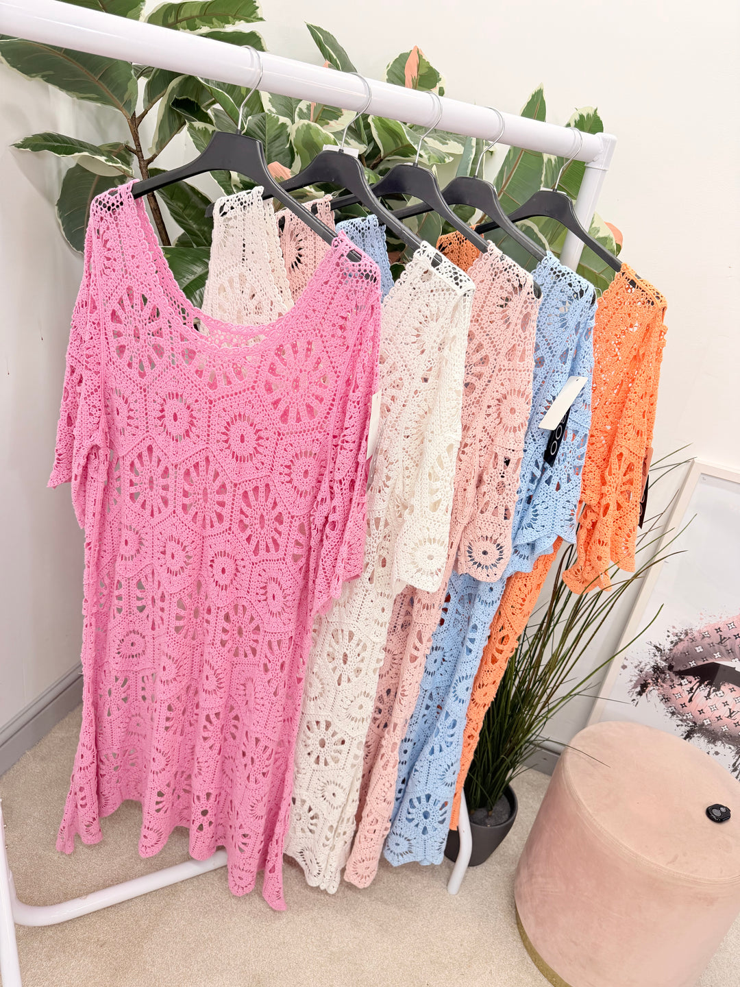 Ladies Fashion Crochet Beach Summer Maxi Dress - Blue, Pink, Fuschia, Orange, White