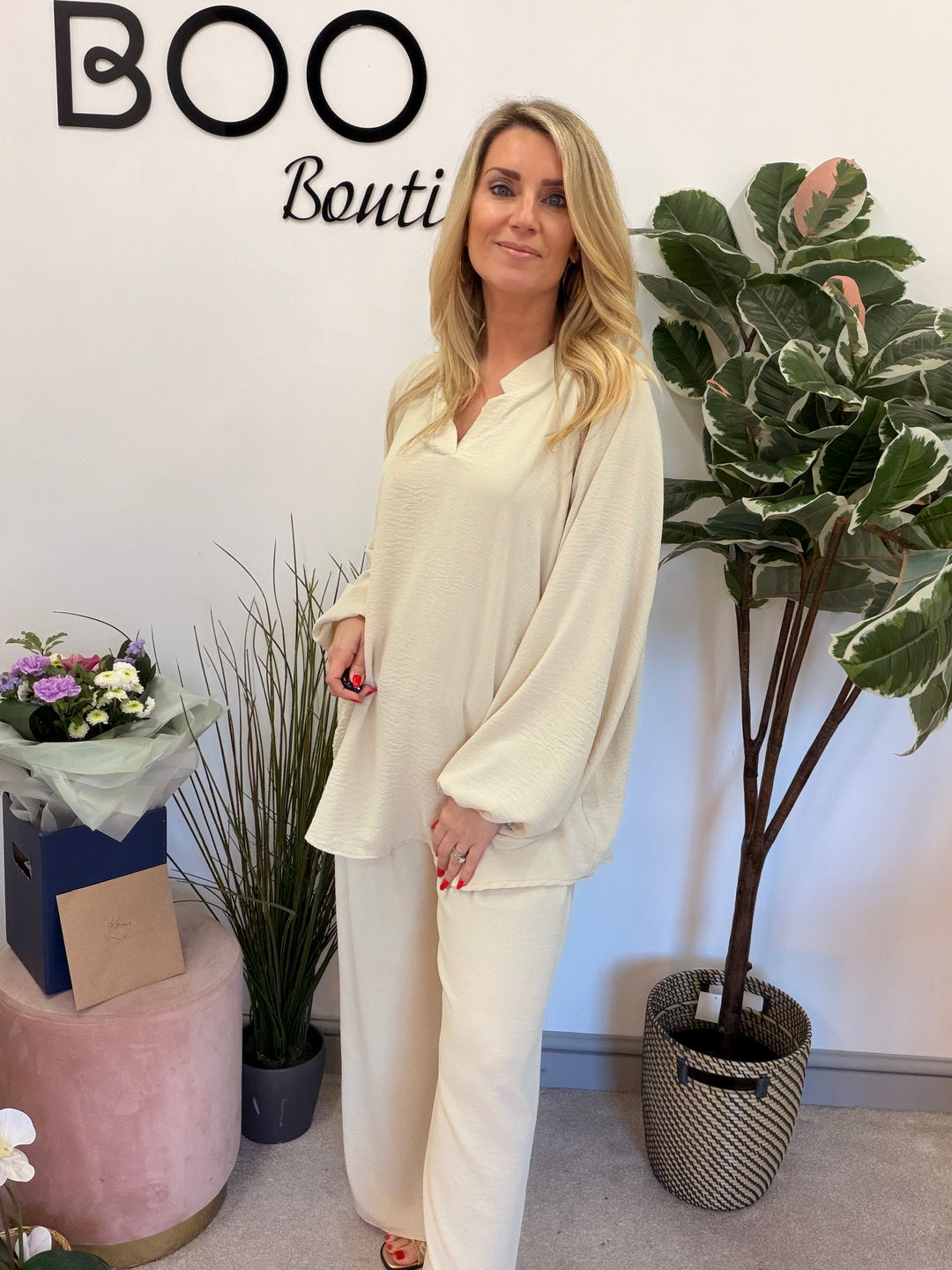 Ladies Fashion Wide Leg Trouser Co Ord Set - lemon, black, navy & beige